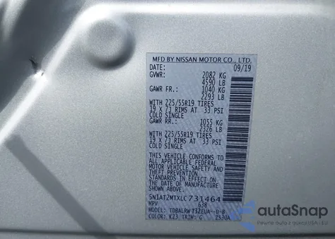 2020 Nissan Rogue Sl Fwd из США, поврежденный, VIN 5N1AT2MTXLC731464